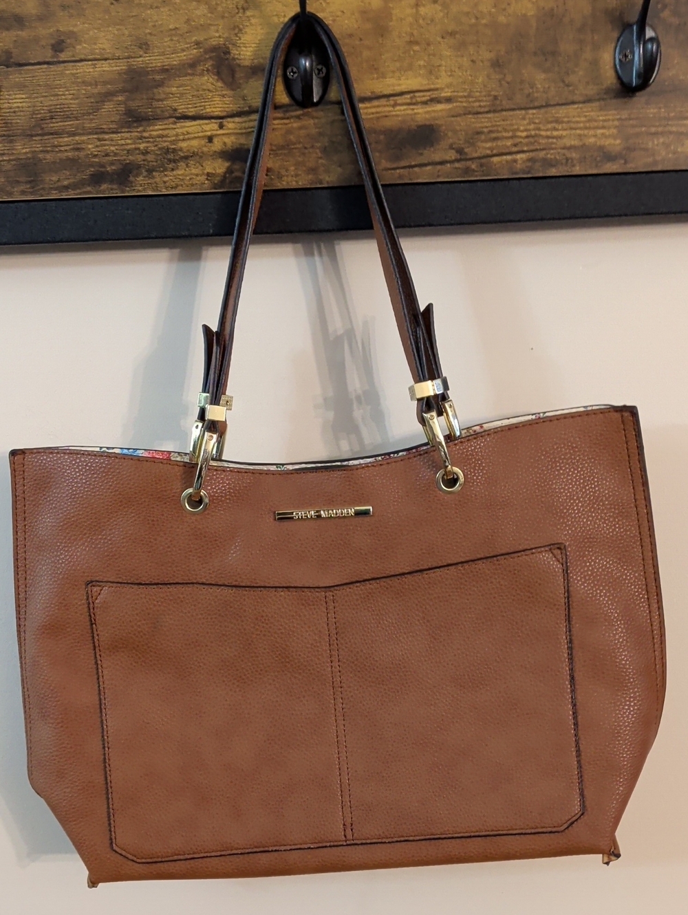 Steve Madden Cognac Pebbled Leather Tote with Gold Hardware